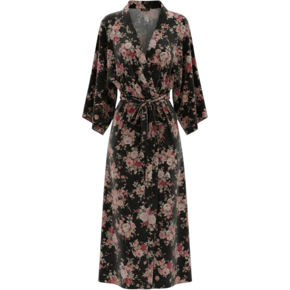 Kimono Robe Women 3X Black Floral Jersey Knit Maxi Tie Waist USA Cottagecore